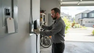 Electrician installing a Level 2 EV charger at a Sammamish, WA home
