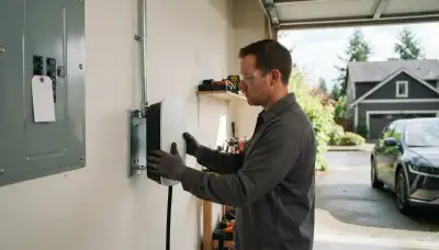 Electrician installing an EV charger at a Bellevue, WA home