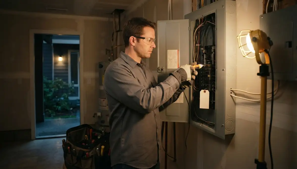 Emergency electrician diagnosing a tripped circuit during after-hours service in Bellevue, WA