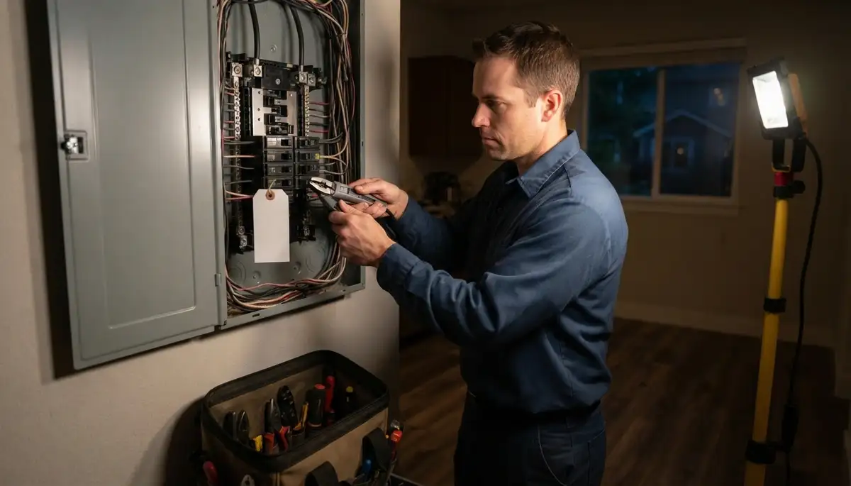 Bellevue, WA emergency electrician testing a tripped breaker and securing the electrical panel