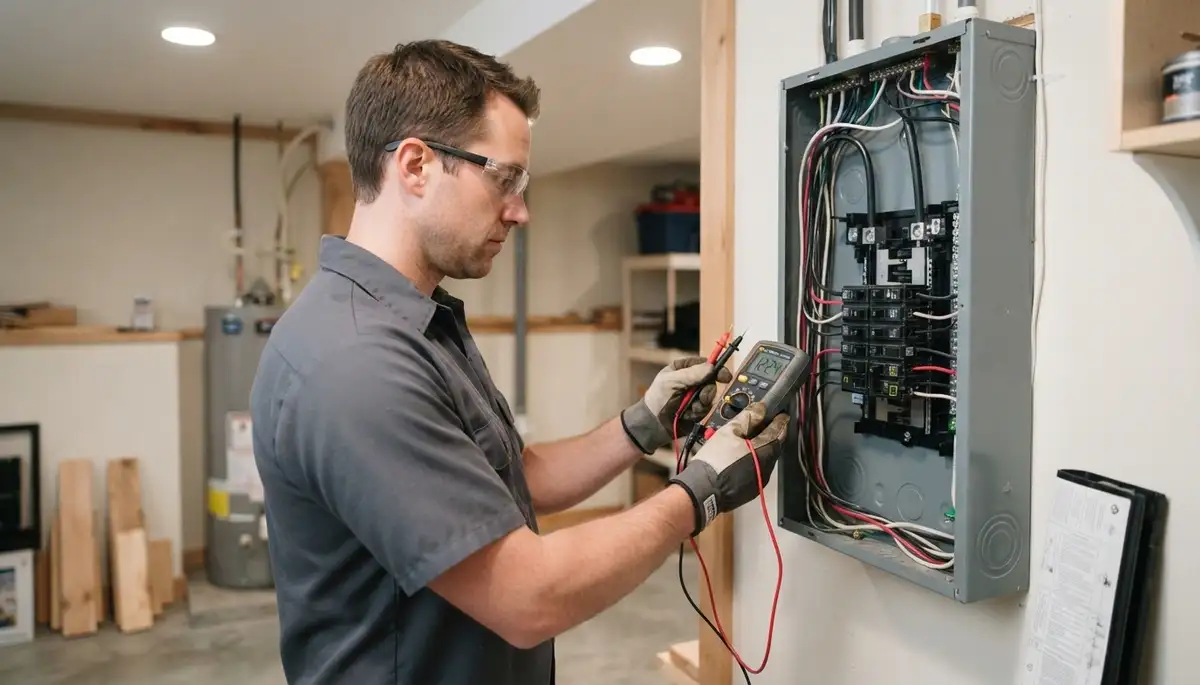 Electrician verifies voltage and polarity at a new electrical panel in a Bellevue, WA home