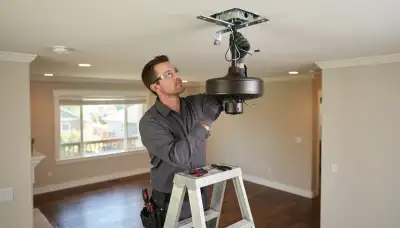 Electrician installs a fan-rated ceiling box and mounts a ceiling fan motor in Bellevue, WA