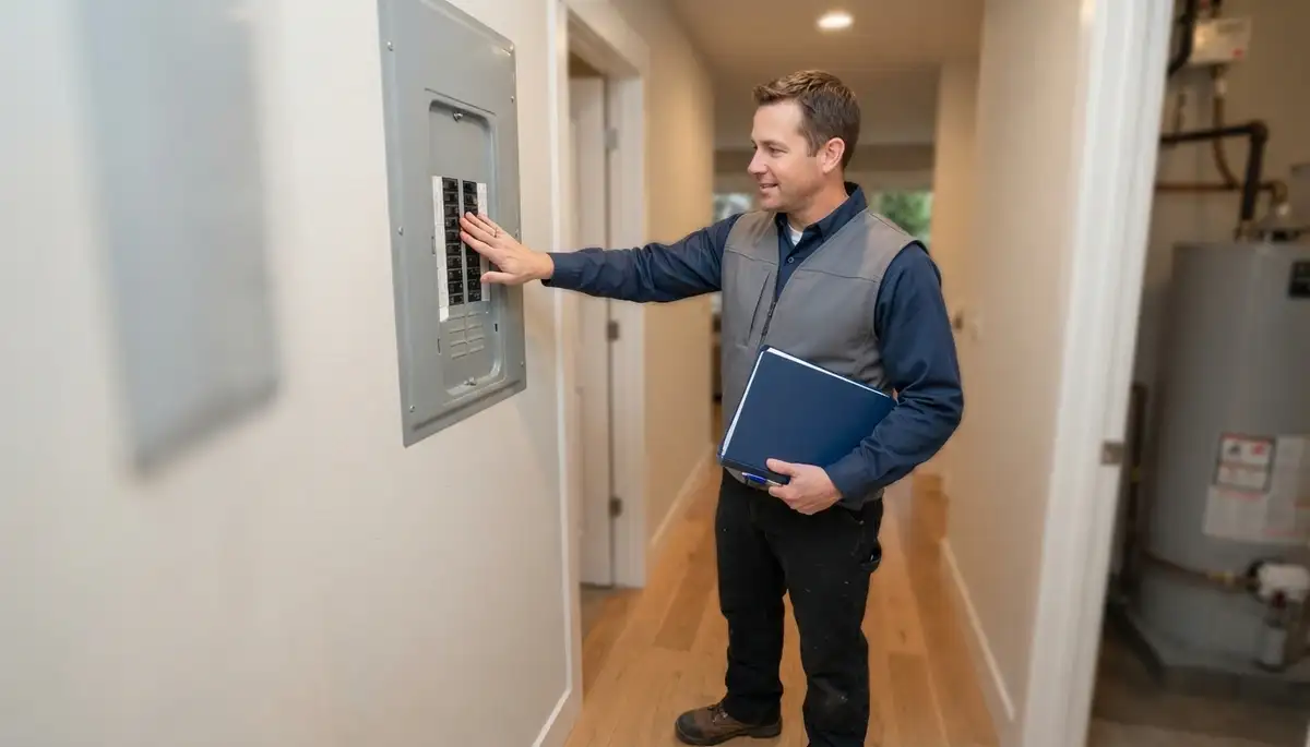 Bellevue, WA electrician reviews home energy audit findings beside a closed electrical panel