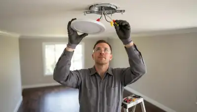 Electrician installing and wiring a ceiling light fixture in a Bellevue, WA home