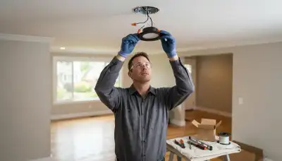 Electrician installing a ceiling light fixture in a Bellevue, WA home with power safely disconnected