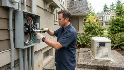 Electrician connects transfer switch wiring beside a standby generator in Bellevue, WA