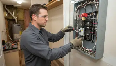 Electrician installs a GFCI breaker in a Bellevue, WA home's main electrical panel