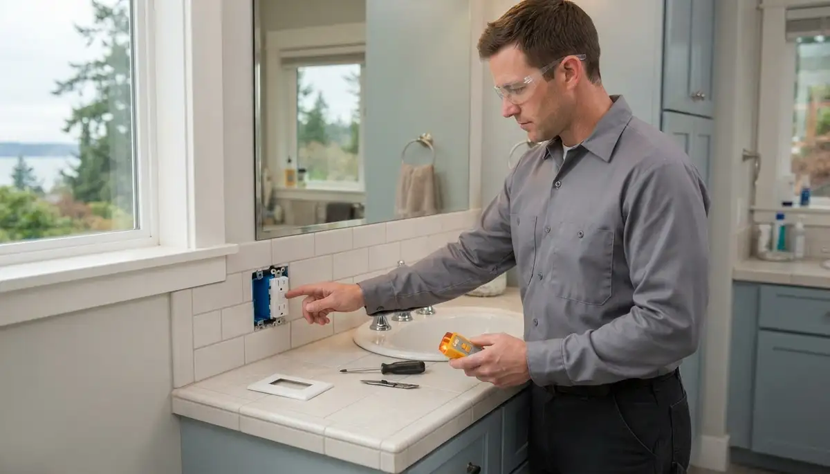 GFCI outlet installation in a Bainbridge Island, WA bathroom by a professional electrician