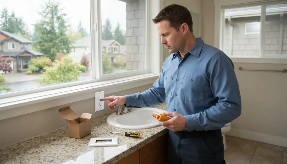 Electrician installing a GFCI outlet for bathroom ground-fault protection in Bellevue, WA
