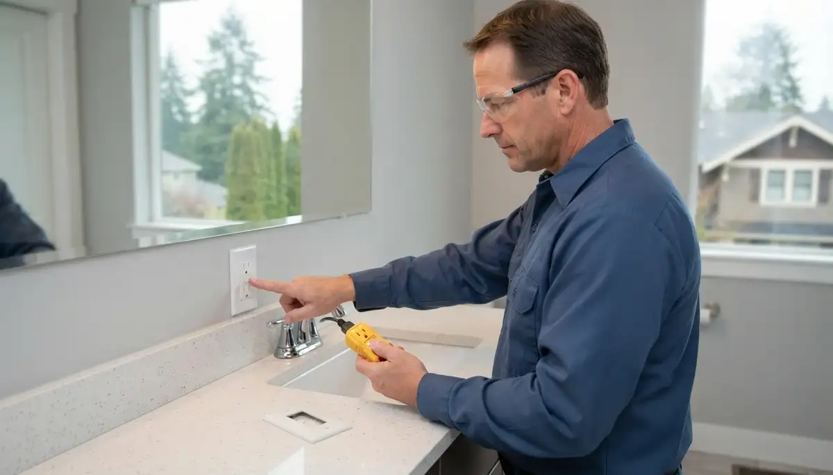 Electrician installing a GFCI outlet for wet-area ground-fault protection in Bellevue, WA