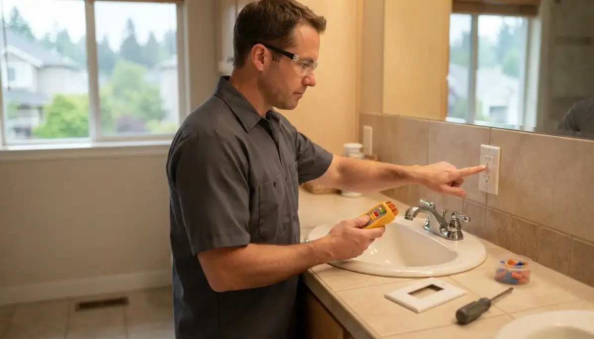 GFCI outlet installation in a Bellevue, WA bathroom for wet-area electrical safety