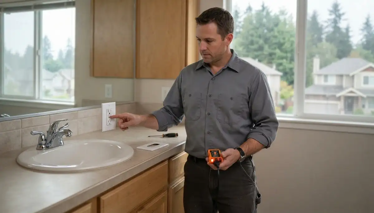Electrician installing a GFCI outlet for wet-area protection in a Bellevue, WA home