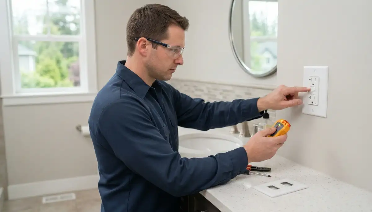 Electrician installing a GFCI outlet for ground-fault protection in a Bellevue, WA bathroom