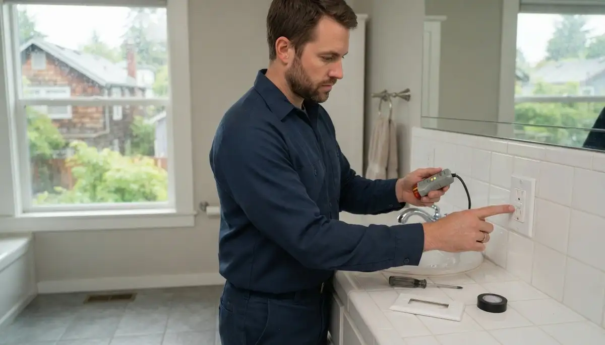 GFCI outlet providing ground-fault protection near a Bellevue, WA bathroom sink