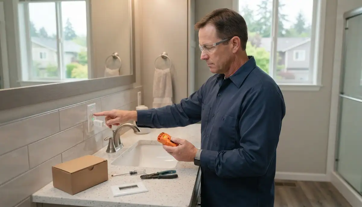 Electrician installing a GFCI outlet for ground-fault protection in a Bellevue, WA bathroom