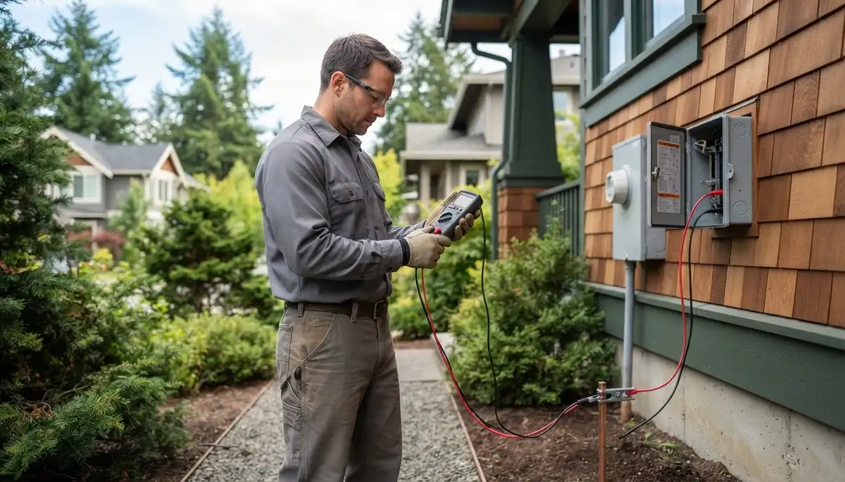 Bellevue, WA electrician testing ground path continuity with meter leads for lightning surge protection