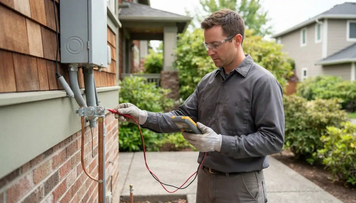 Bellevue, WA electrician testing the grounding electrode conductor and service voltage with a multimeter