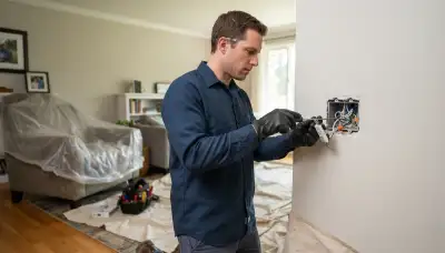 Residential electrician performs circuit work in a furnished Bellevue, WA home with drop cloth protection