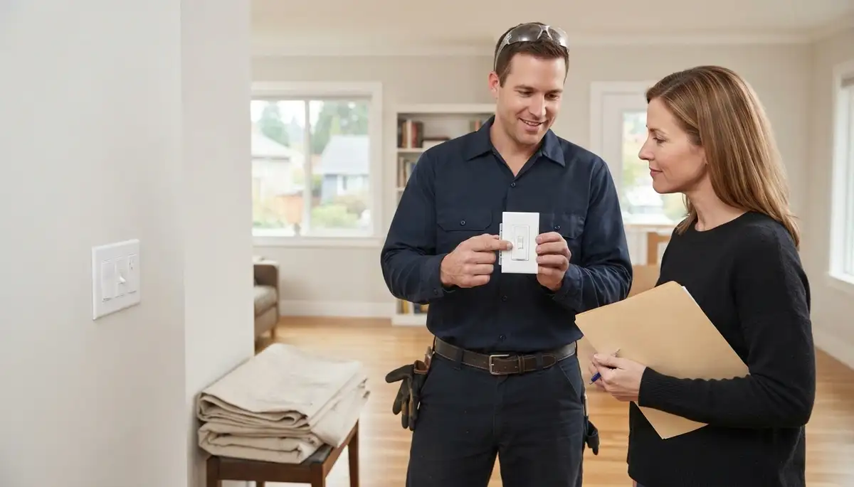 Residential electrician in Bellevue, WA demonstrates a newly installed device to a homeowner in a clean home.