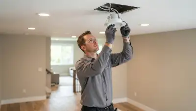 Electrician installing recessed lighting housings and trim rings in a Bellevue, WA home