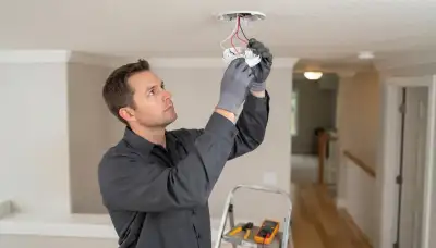 Electrician wiring an interconnected smoke detector to a ceiling base during a Bellevue, WA home installation