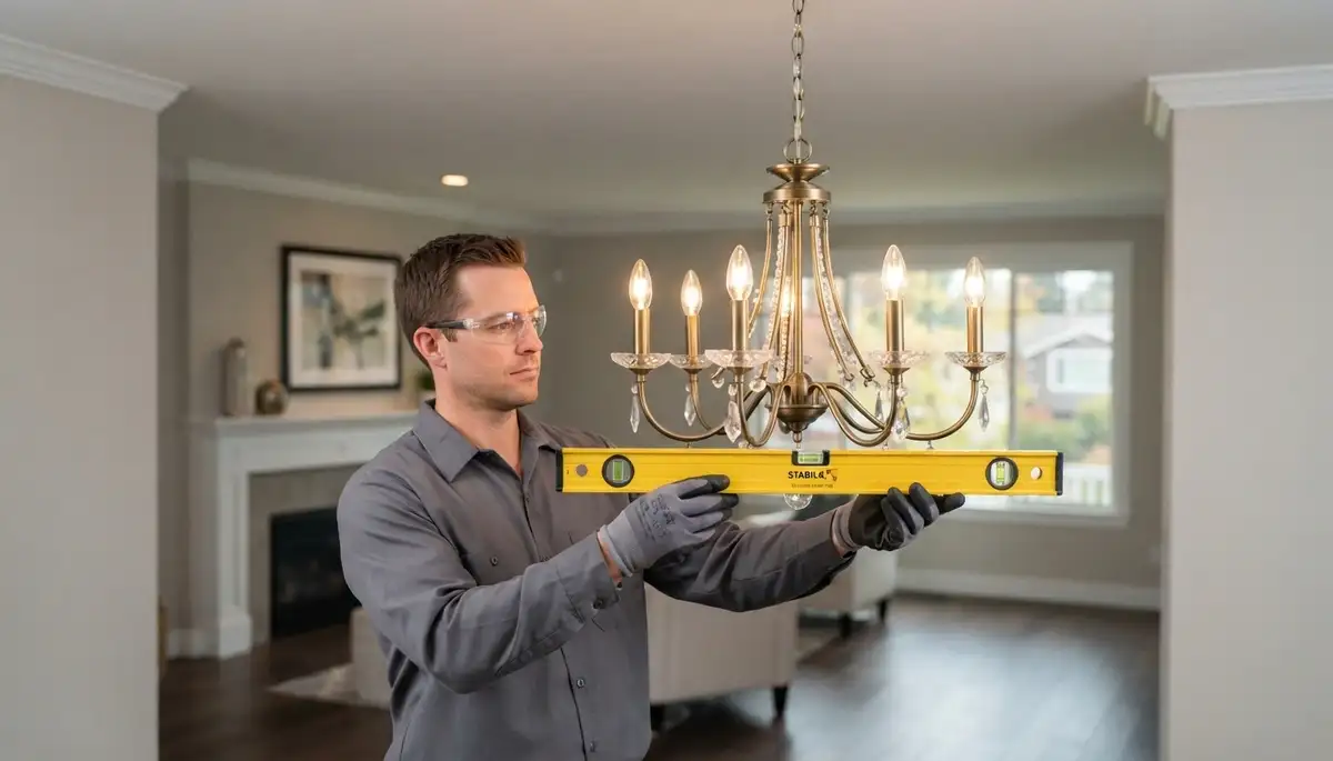 Electrician in Bellevue, WA levels a chandelier and tests its dimmer for smooth operation