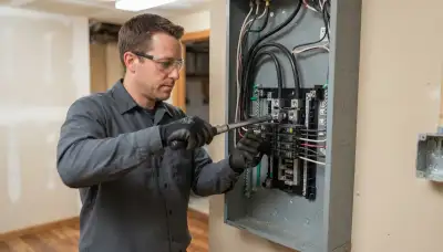 Electrician uses a torque wrench to terminate feeder conductors in a Bellevue, WA electrical load center