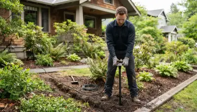 Electrician installing low-voltage landscape lighting fixtures and buried cable in a Bellevue, WA planting bed