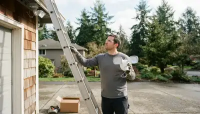 Electrician installs a motion-sensing security light on a Bellevue, WA garage eave