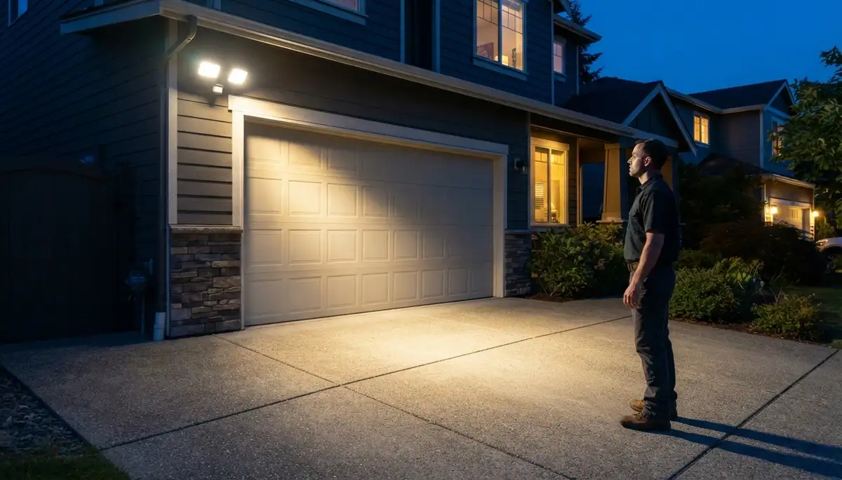 Electrician verifies motion-activated security light coverage across a Bellevue, WA driveway at night.