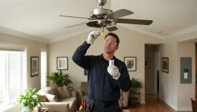 Electrician replacing a ceiling fan capacitor in Bellevue, WA with breaker lockout and exposed wiring