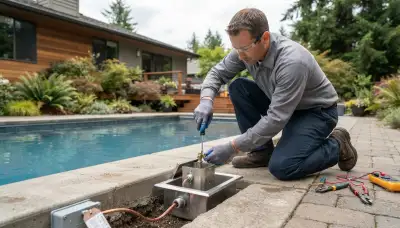 Electrician replacing and bonding an underwater pool light fixture in Bellevue, WA