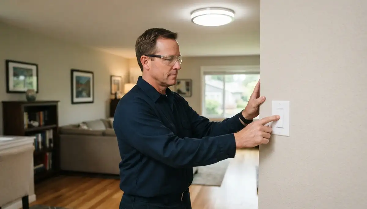 Electrician tests repaired light switch for safe operation in a Bellevue, WA home