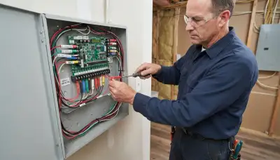 Technician connecting zoned fire alarm wiring to a control panel in Bellevue, WA