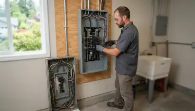 Electrician upgrading an older home's electrical panel to 200-amp service in Bainbridge Island, WA