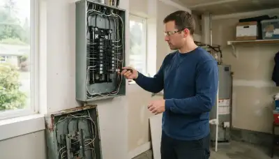 Electrician completing an electrical panel upgrade in an older Kenmore, WA home