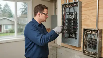 Electrician upgrading an older home's electrical panel in Bellevue, WA