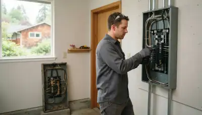 Electrician installing a new electrical panel in an older Bellevue, WA home