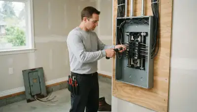 Electrician upgrading an electrical panel in an older Bellevue, WA home