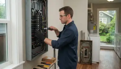 Electrician upgrading an electrical panel in an older Bellevue, WA home for modern appliance capacity