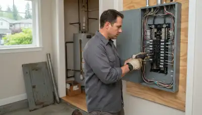 Electrician upgrading an older home's electrical panel to 200-amp service in Bellevue, WA