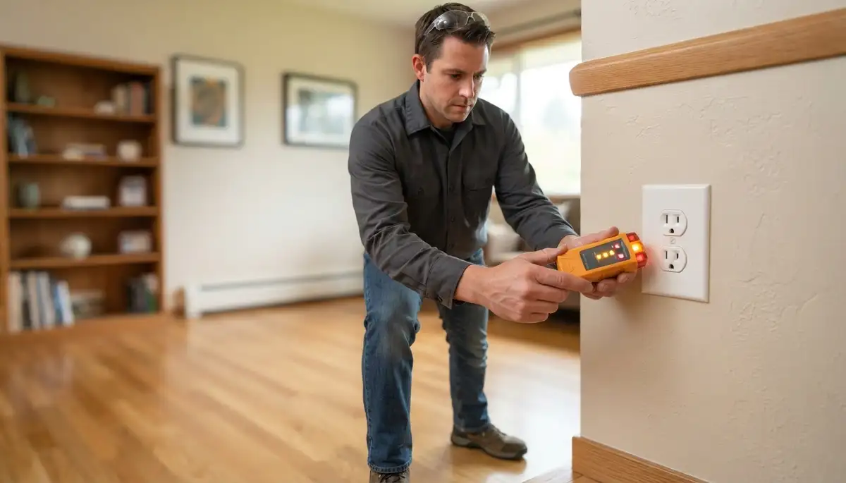Electrician tests outlet polarity and ground after repair in Bellevue, WA