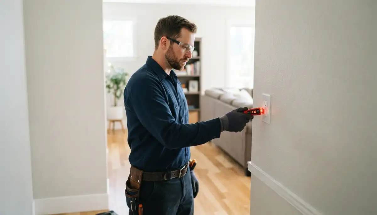 Electrician tests a repaired electrical outlet with a voltage tester in Bellevue, WA