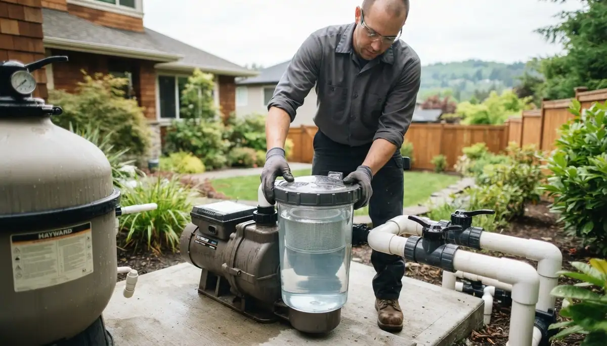 Electrician in Bellevue, WA closes a pool pump strainer lid to verify priming and water flow