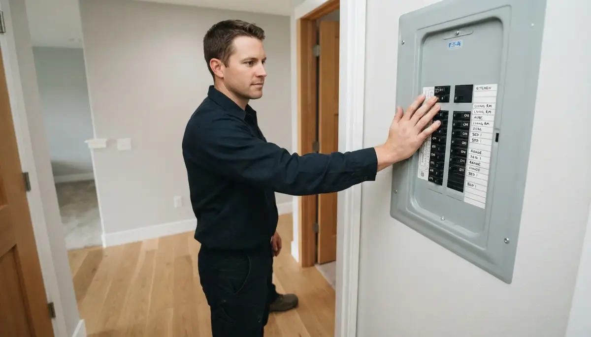 Bellevue, WA electrician reviews a completed electrical panel during a final inspection walkthrough
