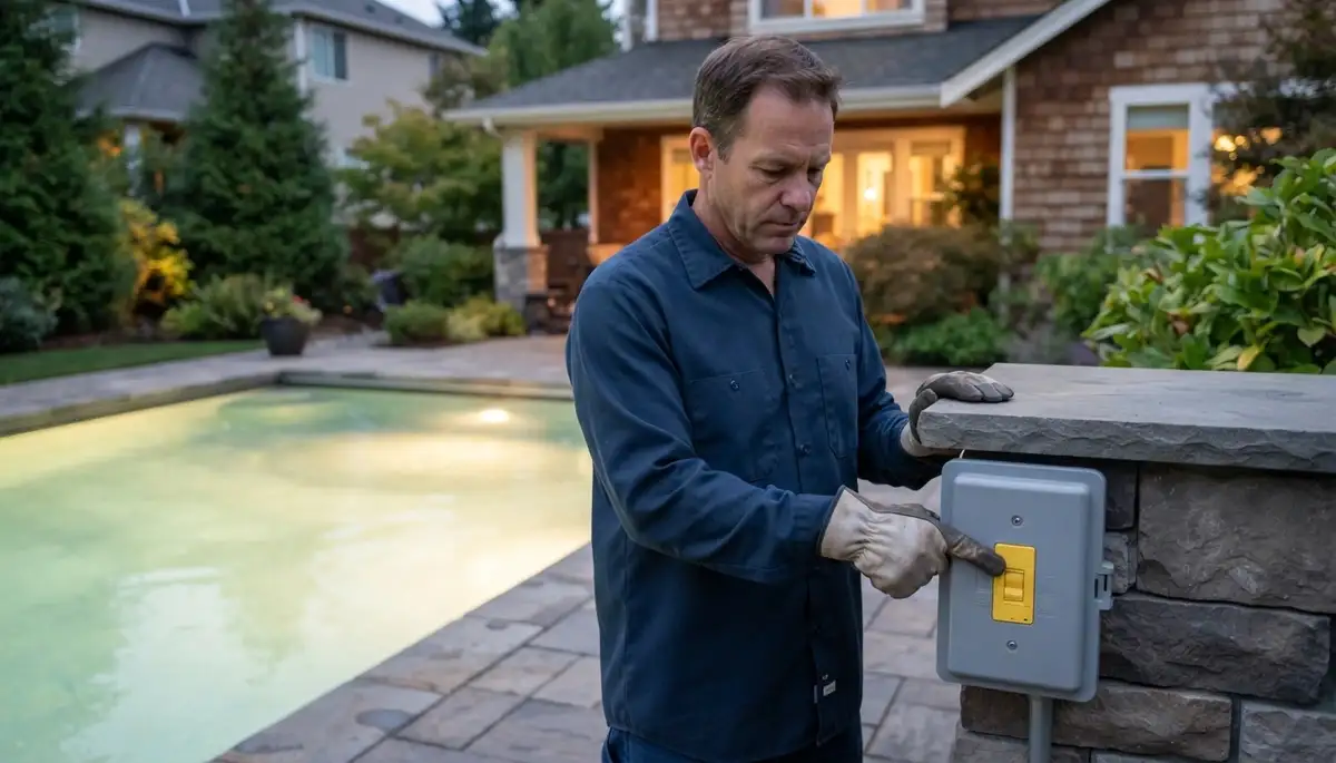 Bellevue, WA electrician tests GFCI protection while verifying illuminated pool lights at a home