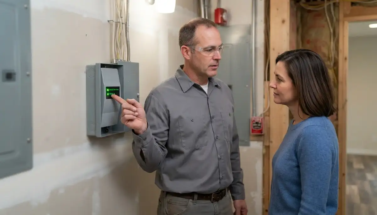 Bellevue, WA electrician points to whole-home surge protector status indicator for homeowner
