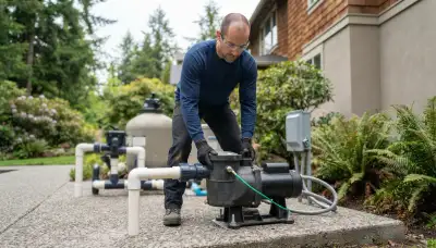 Electrician securing pool pump bonding and wiring in Bellevue, WA outdoor installation
