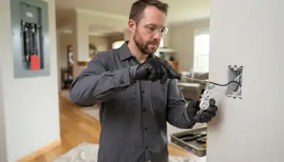 Electrician replacing a failed electrical receptacle in a Bellevue, WA home with secure screw terminals
