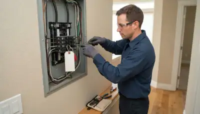 Bellevue, WA electrician uses a lockout tag while securing wire terminations during electrical repair